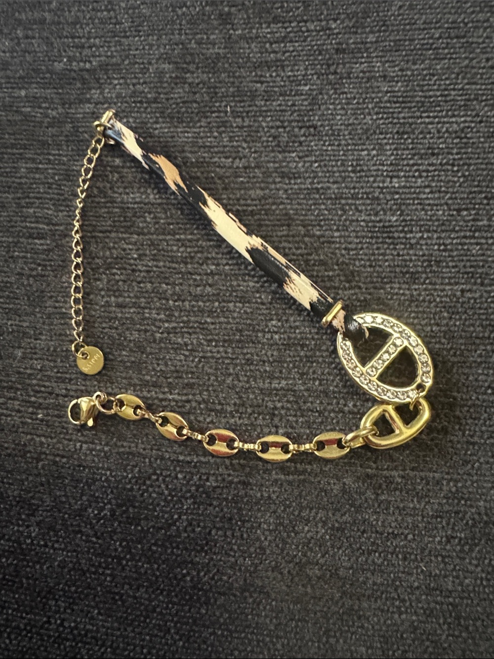 Stainless steel Chain Bracelet with Black & Cream animal print Patterned Strap